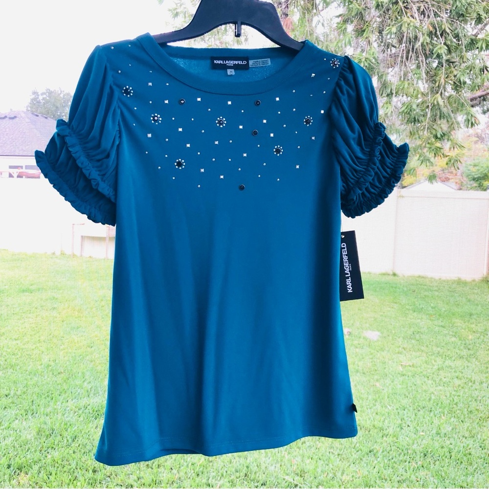 NWT Karl Lagerfeld Paris Teal Turquoise Puff Sleeve Ruffle  Embellish Women’s XS